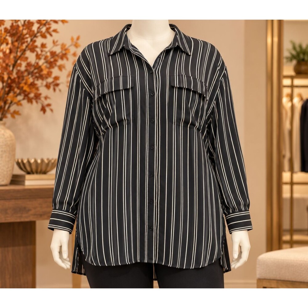Who What Wear 4X black ivory striped button-down tunic blouse